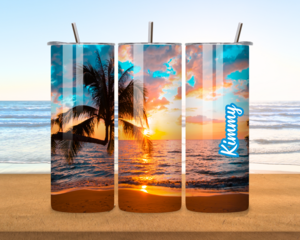This photo depicts all sides of tranquil beach tumbler with palm trees and sunset design. 

